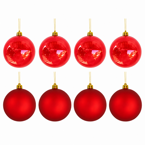 Jogo com 8 Bolas de Natal 10cm Cor Vermelho Fosco e com Brilho