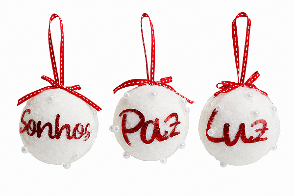 Jogo com 3 Bolas de Natal 8cm com Pérolas e Dizeres Luz Paz Sonhos