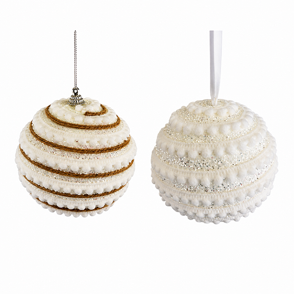 Bola de Natal 12cm Decorada com Minis Pompons Glitter Fita e Juta