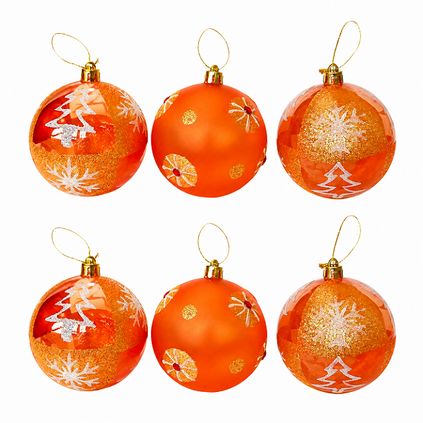 Jogo Com 6 Bolas de Natal 7cm Acrílico Laranja com Aplicações de Glitter