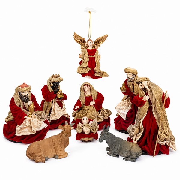 Presépio de Natal 9 Figuras Veludo Vermelho com Dourado 16cm
