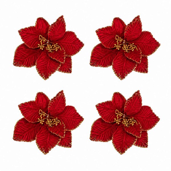 Jogo Com 4 Flores Bico de Papagaio 28cm Pétalas de Veludo Vermelho e Dourado