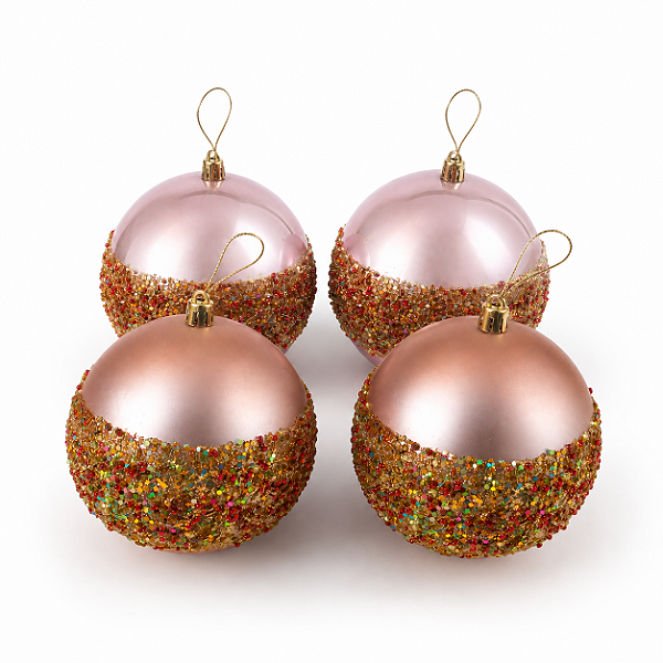 Jogo Com 2 Bolas de Natal 10cm Rosa Forsco e Brilho Com Faixa de Dourada de Misangas