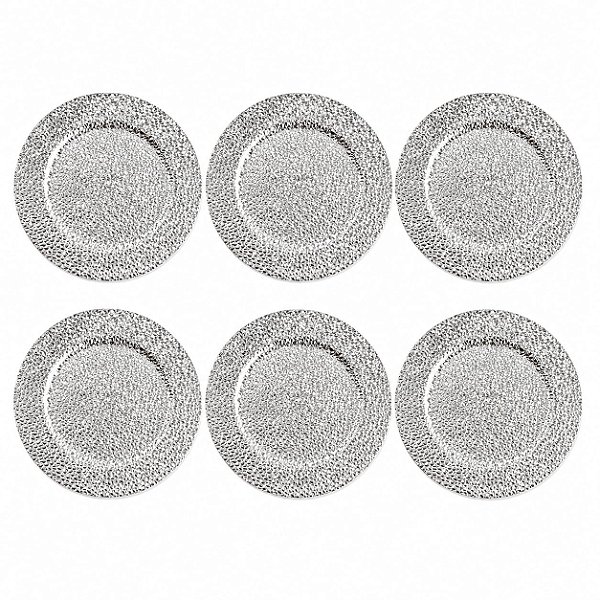 Jogo Com 6 Sousplats Prata Martelado Polipropileno 33cm Wolff