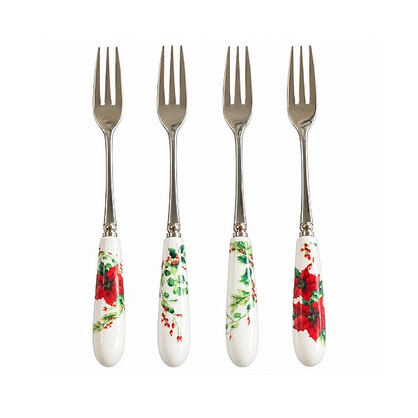 Jogo Com 4 Garfos Para Servir 16cm Aço Inox e Porcelana Estampa Azevinho