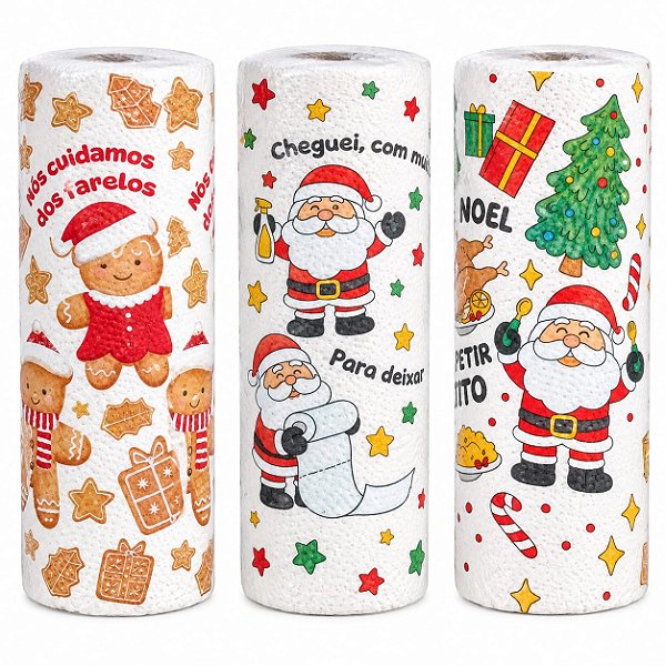 Kit Com 3 Rolos de Papel Toalha Com Estampa Natalina 8,05mx23cm Folha Tripla