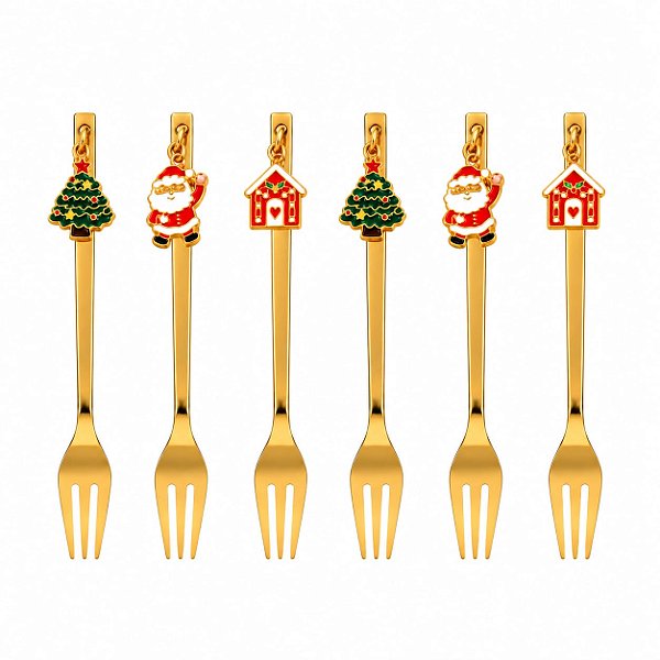 Jogo Com 6 Garfos 14,9cm Aço Inox Dourado Com Pingentes Natalinos