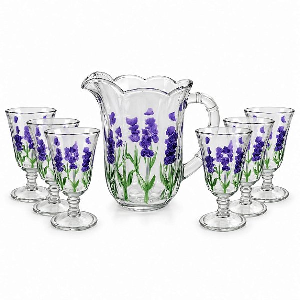 Jogo Com Jarra 1,3L e 6 Taças 240ml Lavanda Hand Painting Cristal