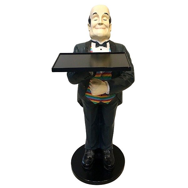 Escultura Estátua Mordomo Com Bandeja Fibra de Vidro e Resina 85cm