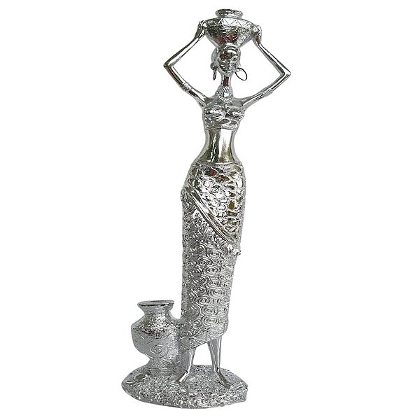 Escultura Estátua Mulher Africana 43cm Cor Prata Metálica SALDÃO.