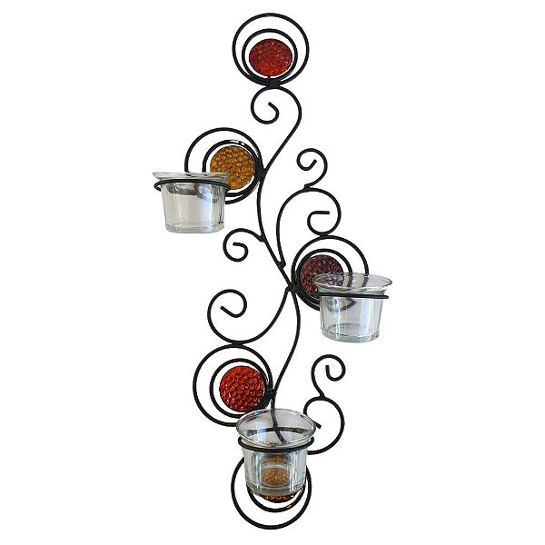 Castiçal de Parede Decorativo Com 3 Porta Velas Metal Vidro 45,5x19cm