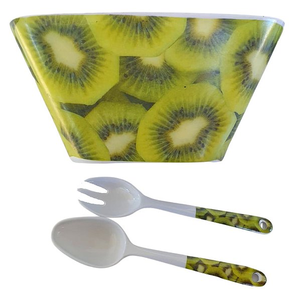 Jogo Saladeira + Talheres de Servir 3 Peças Melamina Kiwi - Saldão
