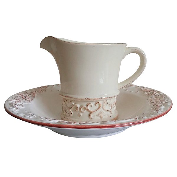 Jarra e Bacia Retrô em Cerâmica Off White Com Relevo Patina Marrom