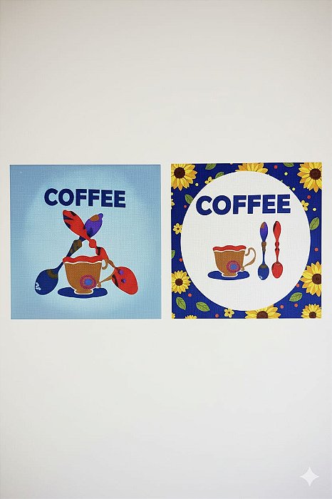 Jogo 2 Telas Canva Quadros Estampas Coffee 20x20cm Decorativos.
