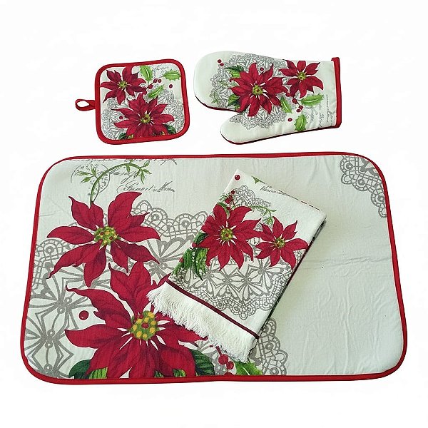 Conjunto Para Cozinha 4 Peças Natal Pegador Pano de Prato Tapete e Luva Saldão