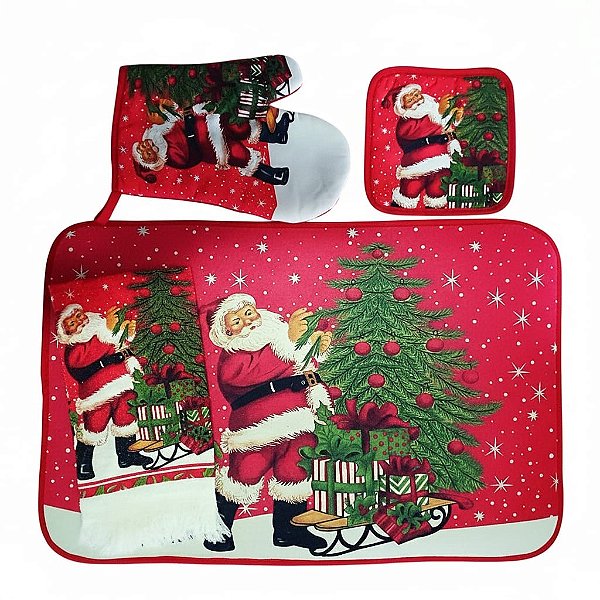 Conjunto Para Cozinha 4 Peças Natal Luva Pegador Tapete e Pano de Prato Saldão