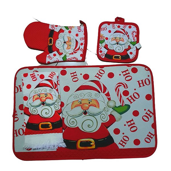 Conjunto Para Cozinha 4 Peças Natal Tapete Pegador Luva e Pano de Prato Saldão