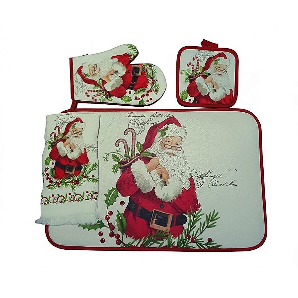 Conjunto Para Cozinha 4 Peças Natal Tapete Luva Pano de Prato e Pegador Saldão