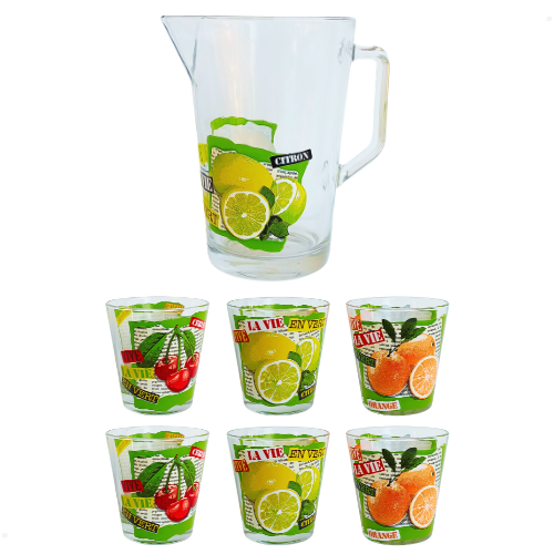 Conjunto de Jarra 1,2L com 6 Copos 250ml Vidro Litografado 3 Estampas Origem Itália