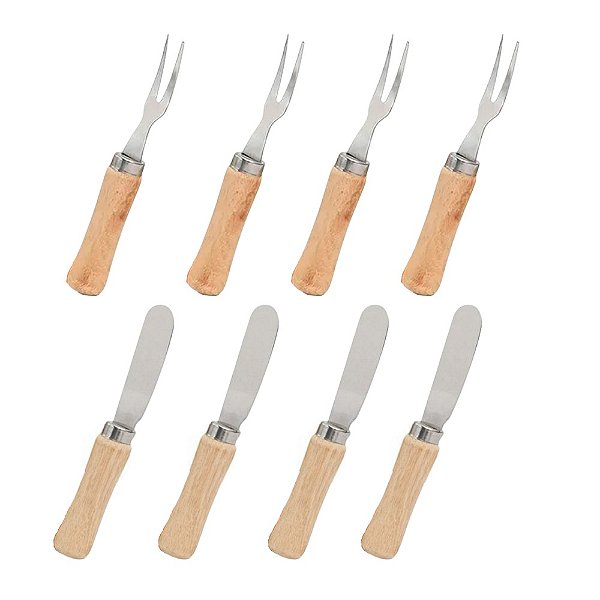Jogo 4 Garfinhos e 4 Espátulas para Petiscos e Patês Aço Inox com Cabo de Madeira