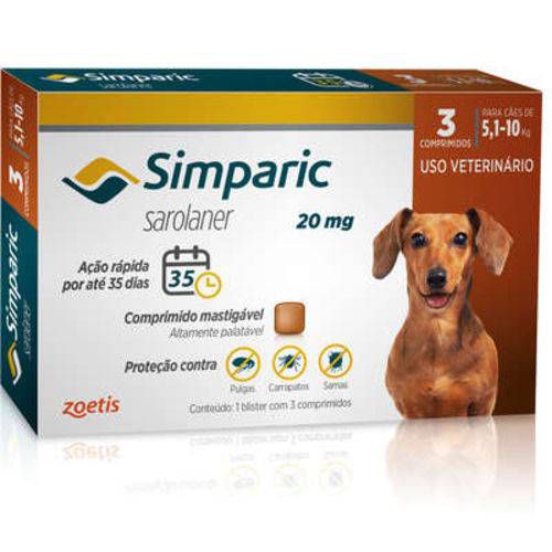 Antipulgas Simparic 20mg para cães 5,1 a 10kg - Zoetis