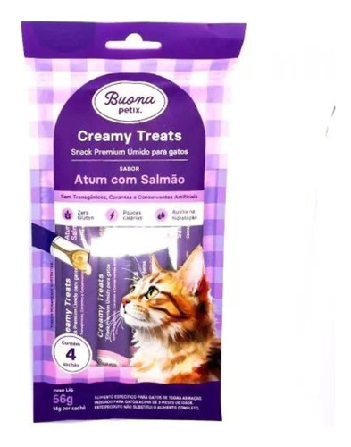 Alimento Snack P/ Gatos Atum + Salmão C/ 4 Saches 56g Buona