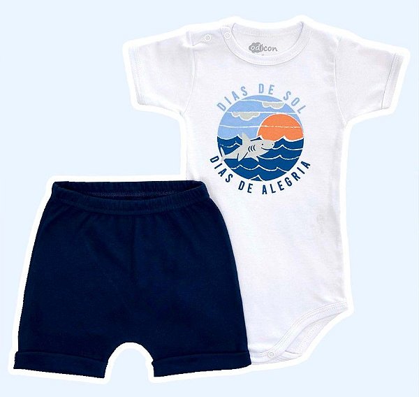 Conjunto Body e Shorts Branco e Azul Marinhos Estampado "Dias de Sol"