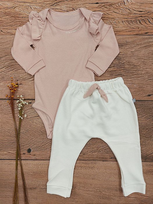 Conjunto Longo Infantil Body Rosê e Calça Off White