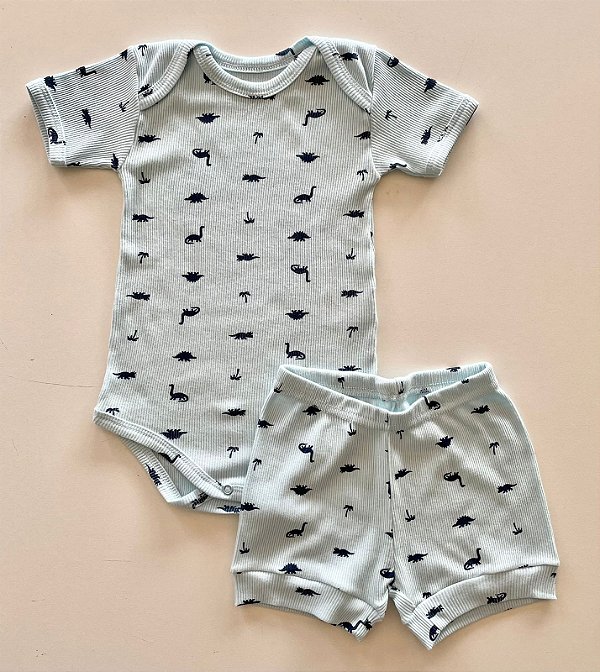 Conjunto Body e Shorts Infantil Canelado Azul Bebê Estampa Dinossauro