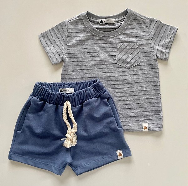 Conjunto Infantil Menino Bermuda Azul e Camiseta Mescla Listrada