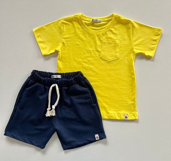Conjunto Infantil Bermuda Marinho e Camiseta Amarela