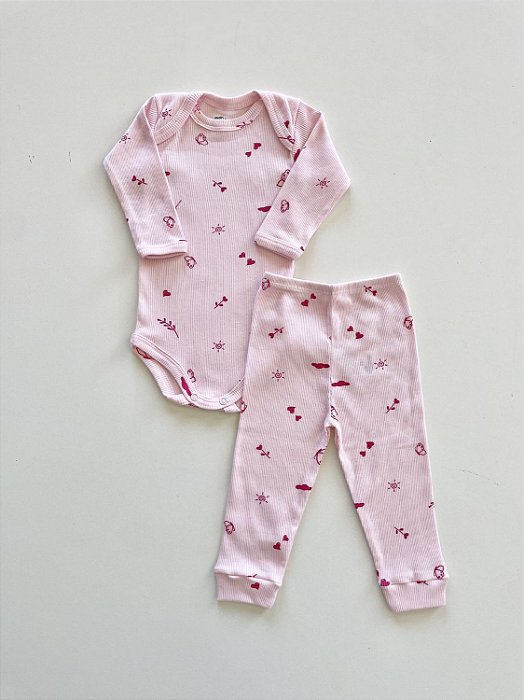 Conjunto Body e Calça Bebê Canelado Rosa Estampa Borboleta