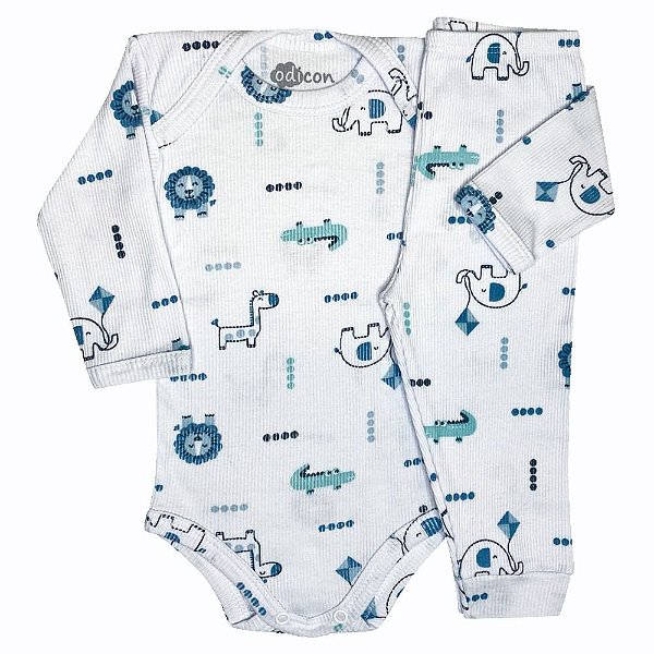 Conjunto Body e Calça Bebê Canelado Estampa Safari Azul