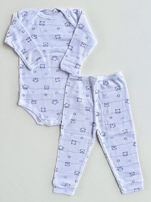 Conjunto Body e Calça Bebê Canelado Estampa Bichinhos Lilás