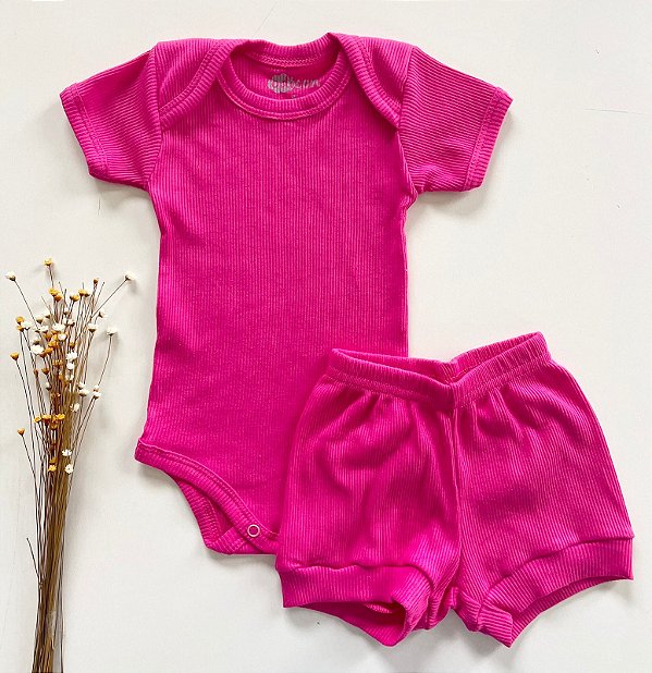 Conjunto Body e Shorts Bebê Canelado Rosa Pink