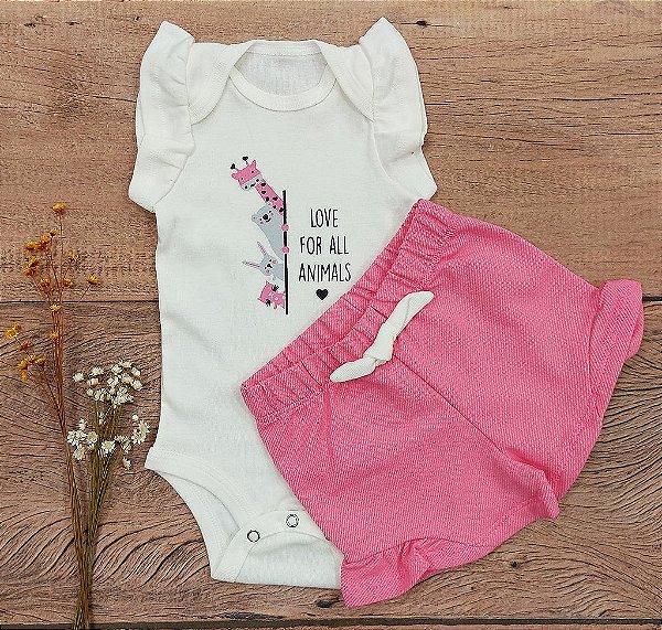 Conjunto Body e Shorts Bebê Rosa Chicletes Estampa Animals