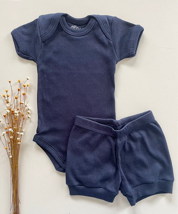 Conjunto Body e Shorts Bebê Canelado Azul Marinho