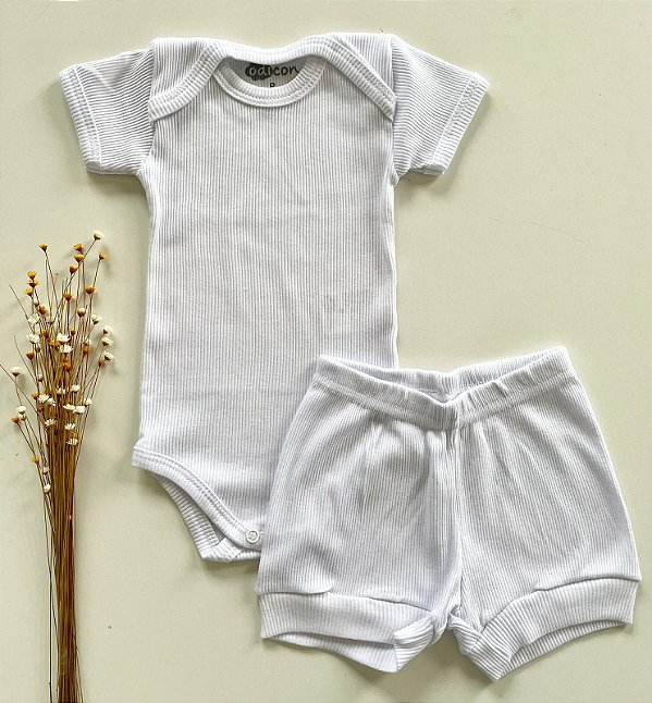Conjunto Body e Shorts Bebê Canelado Branco