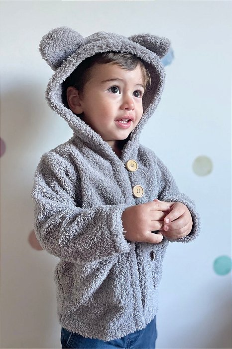 Casaco Infantil Pelúcia Teddy Cinza com Capuz