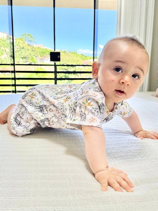 Macacão Bebê Curto Romper 100% Algodão com Zíper Estampa Safari