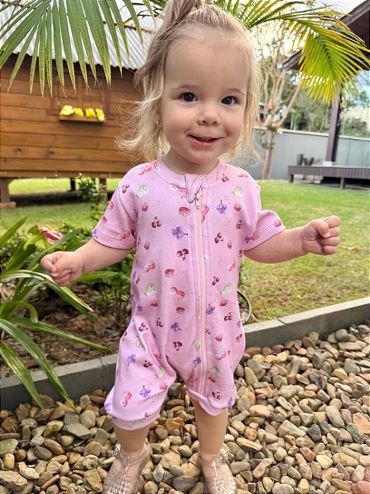 Macacão Bebê Curto Romper 100% Algodão com Zíper Estampa Frutinhas