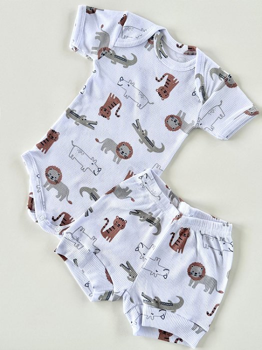 Conjunto Body e Shorts Bebê Canelado Estampa Animais Safari