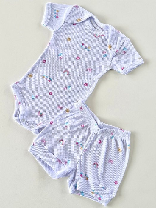 Conjunto Body e Shorts Bebê Canelado Arco-Íris