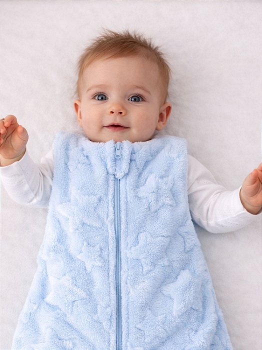 Saco de Dormir Bebê em Fleece Estrelas 3D Cor Azul Bebê Claro