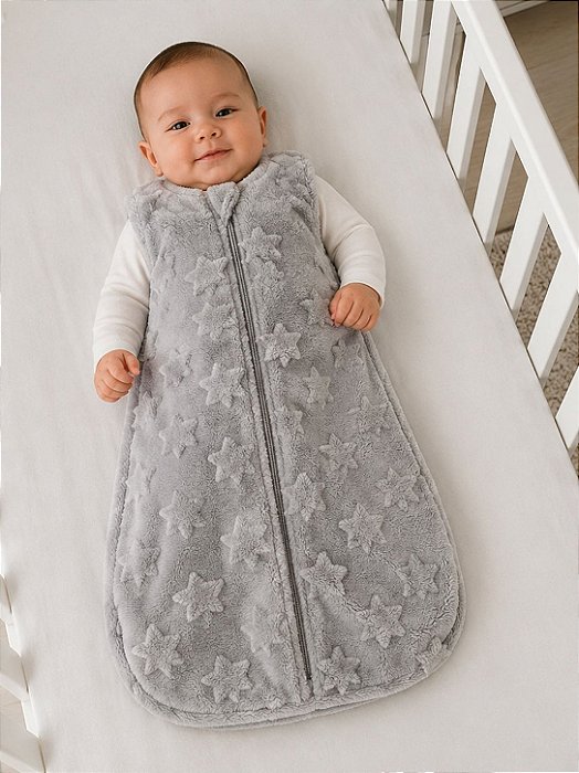 Saco de Dormir Bebê Cor Cinza em Fleece Estrelas 3D