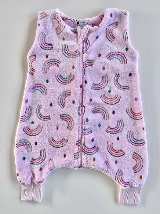 Saco de Dormir Infantil com Pezinho em Fleece Cor Rosa Claro Estampas Arco-Íris Brilha no Escuro