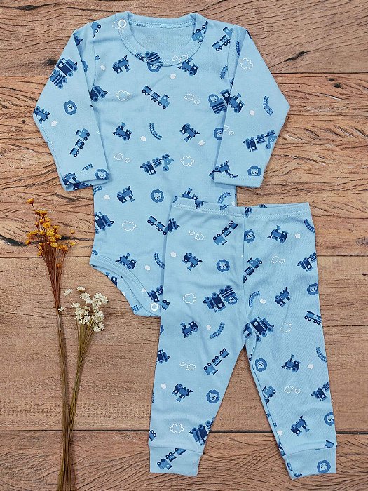 Conjunto Body e Calça Bebê 100% Algodão Azul Estampa Trenzinho