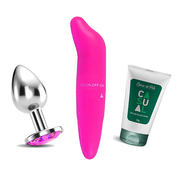 Kit Plug Anal em Aço com Jóia tamanho P + Vibrador Ponto G + Gel Lubrificante Anal Casual 10g