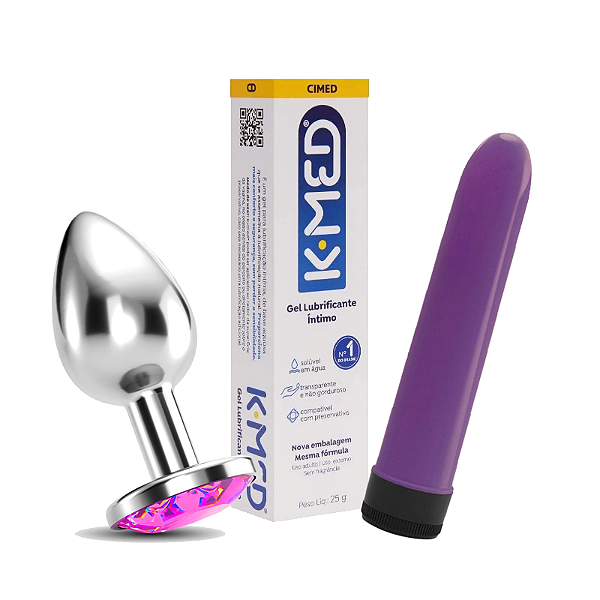 Kit - Plug Anal em Aço com Jóia tamanho P + Vibrador Personal + Lubrificante K-Med gel 25g