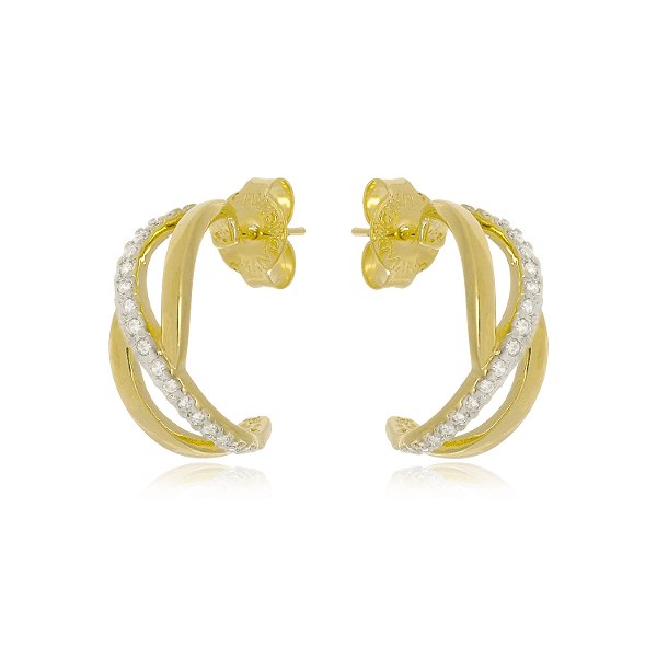 Brinco meia argola com zircônias e banho em ouro 18k